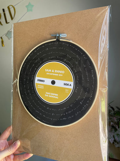 Customer photo — Personalised Song Lyrics Vinyl Record Cotton Canvas Circular Frame