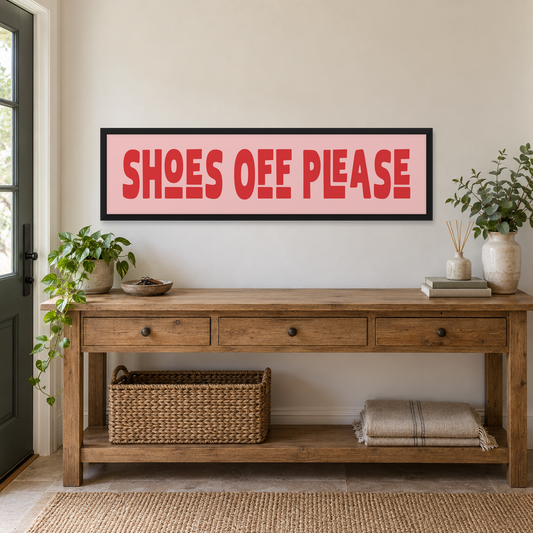 Shoes Off Please Panoramic Print — wider room setting, matt black wood