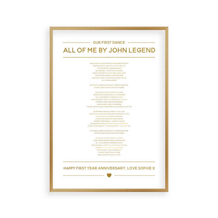Personalised Gold Foil Wedding Song Lyrics Print - Blim & Blum