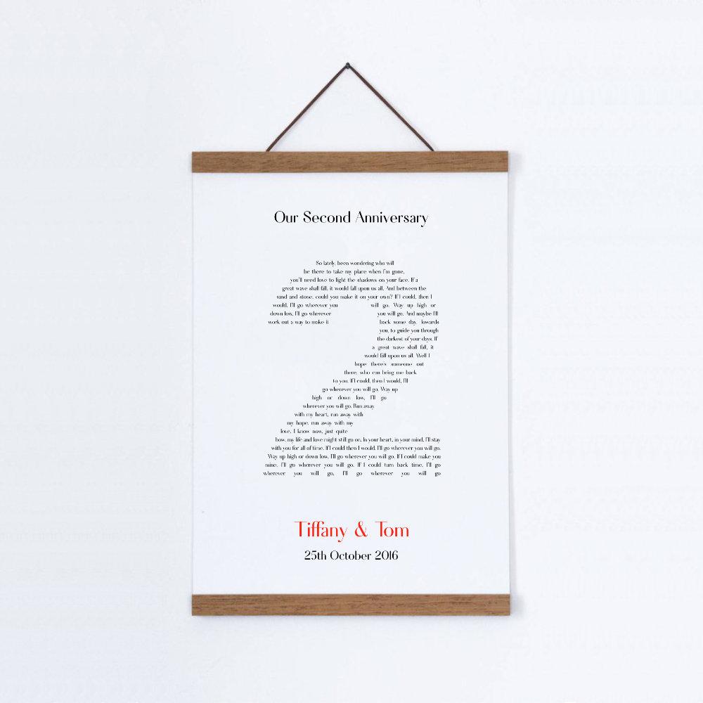 Personalised Second Anniversary Song Lyrics Cotton Canvas Print