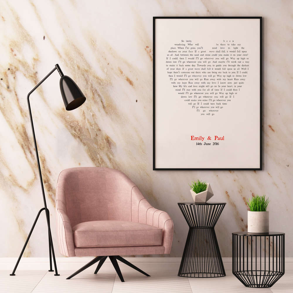 Personalised Wedding First Dance Song Lyrics Heart Print