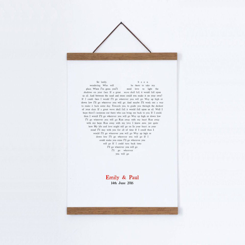 Personalised Wedding First Dance Song Lyrics Heart Print