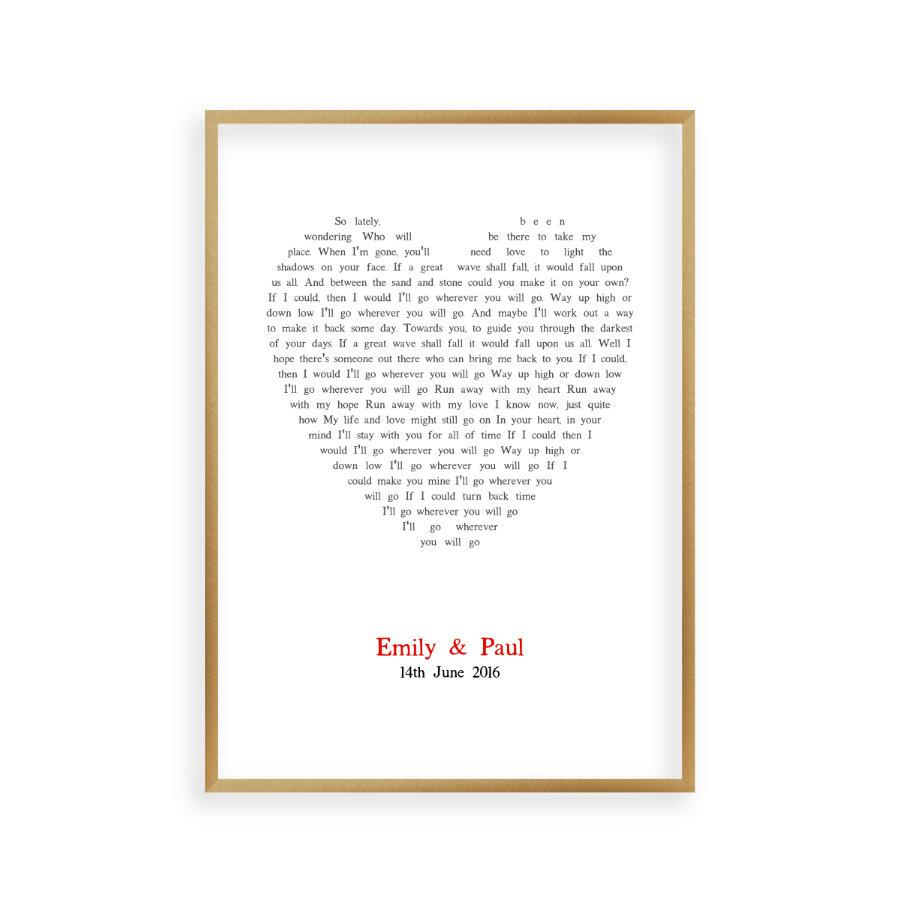 Personalised Wedding First Dance Song Lyrics Heart Print - Blim & Blum