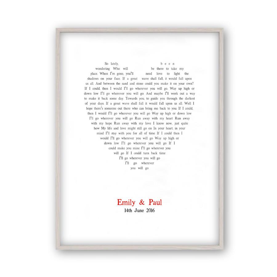 Personalised Wedding First Dance Song Lyrics Heart Print - Blim & Blum