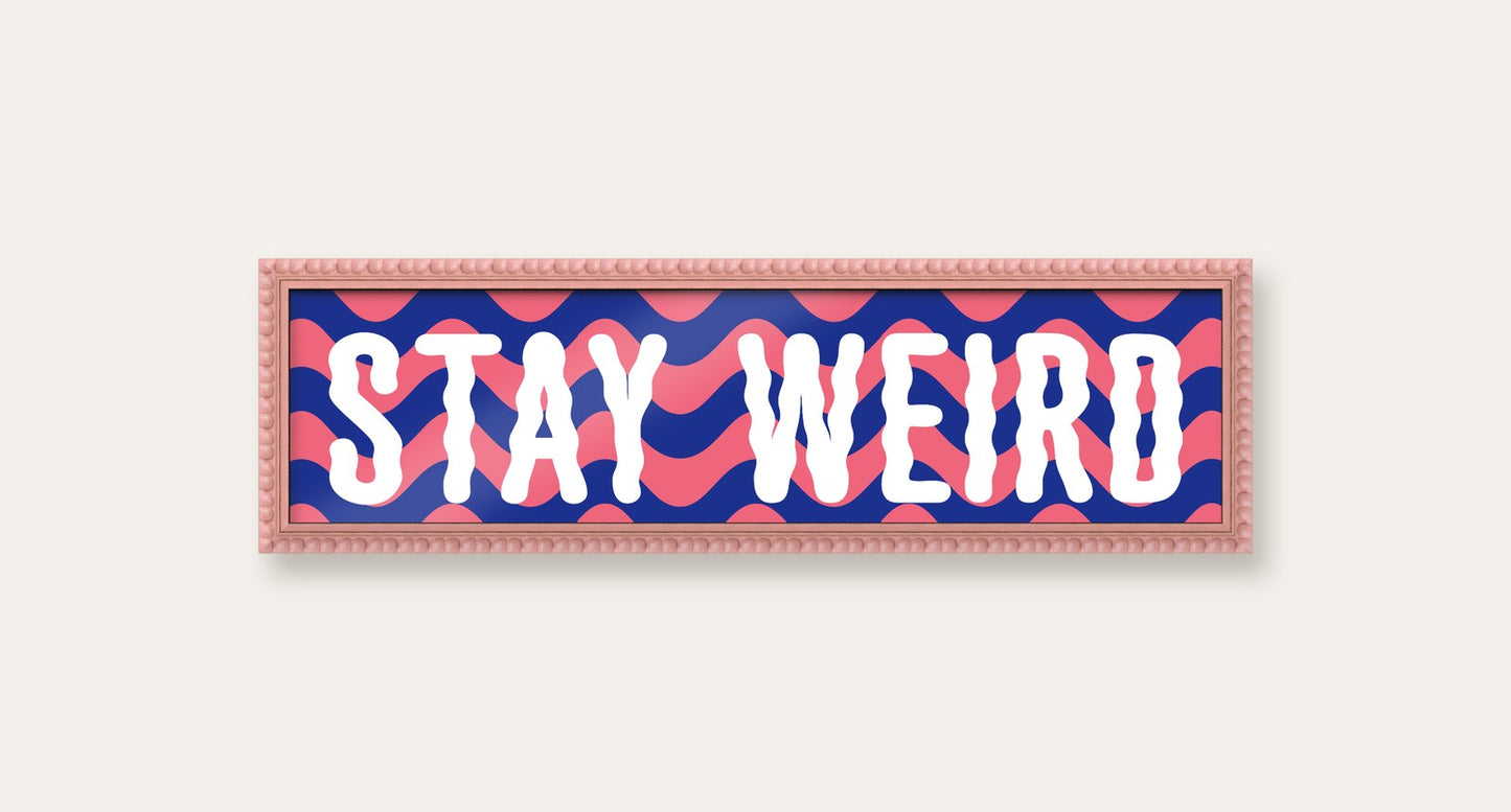 Stay Weird panoramic print in a pink bobbin frame