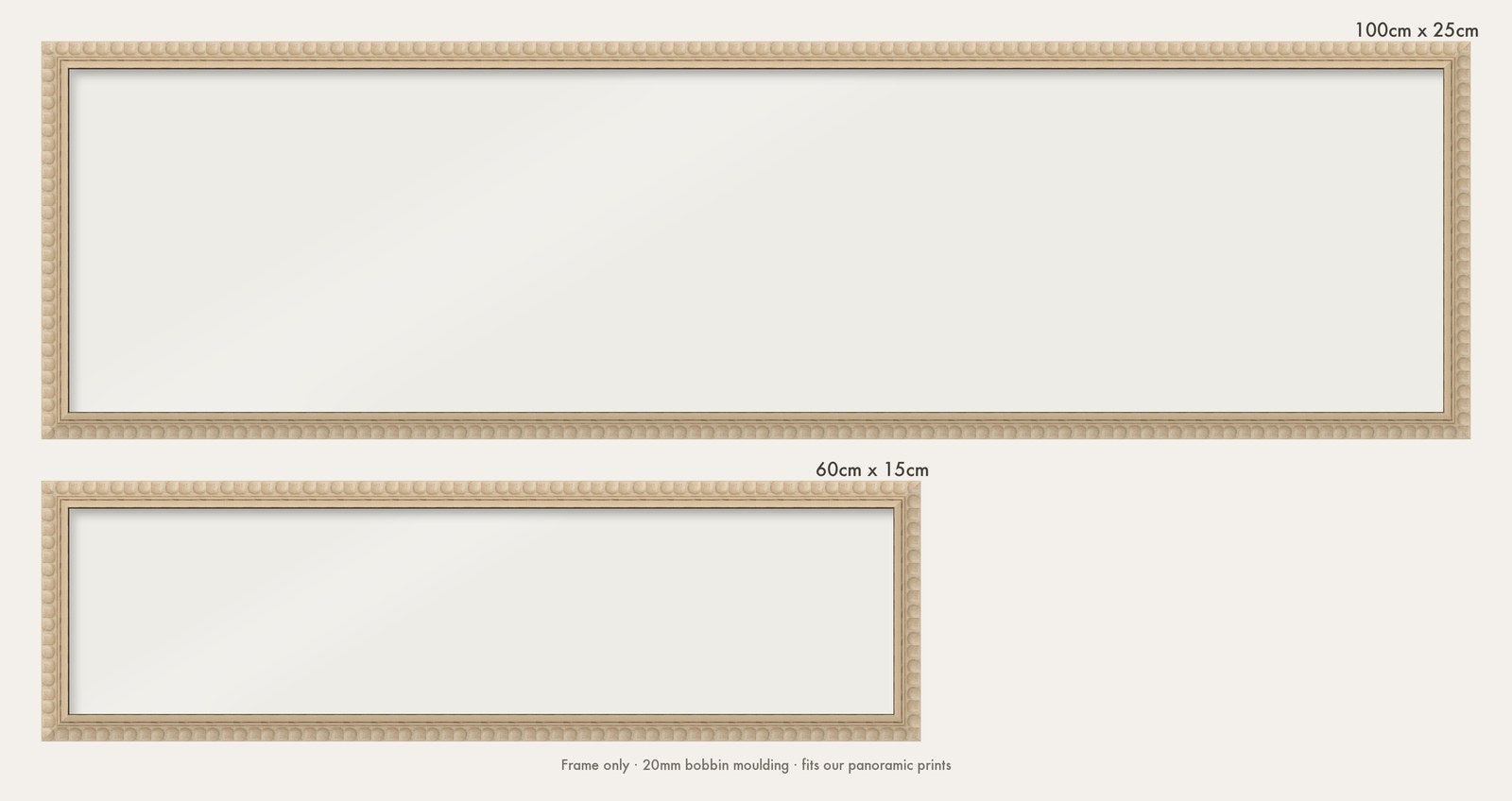 Cream bobbin panoramic frame shown in both sizes, 60cm x 15cm and 100cm x 25cm