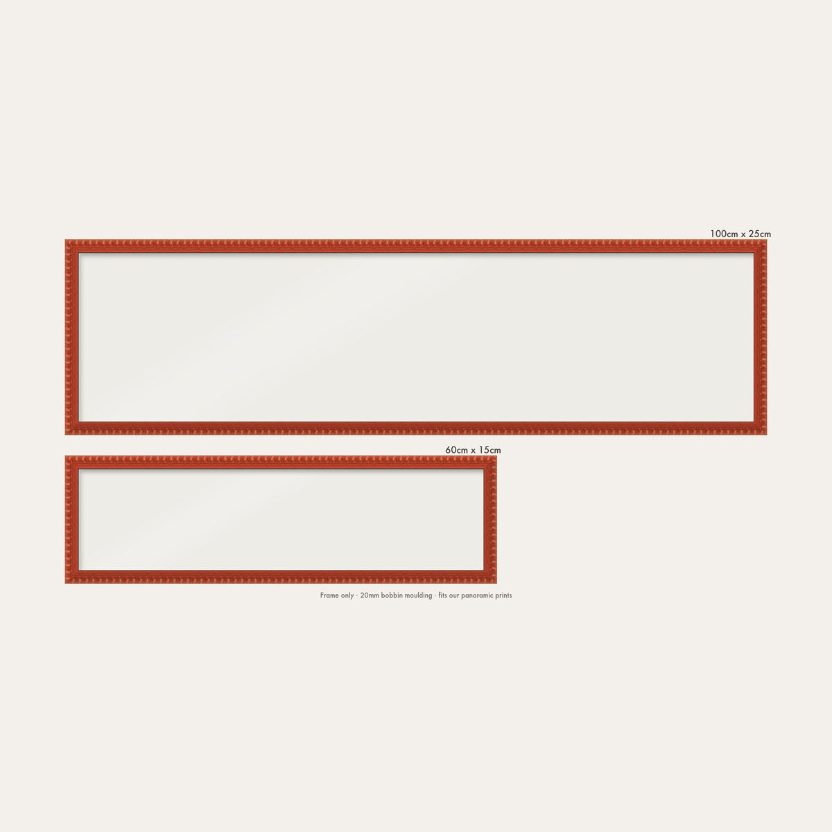 Red bobbin panoramic frame shown in both sizes, 60cm x 15cm and 100cm x 25cm