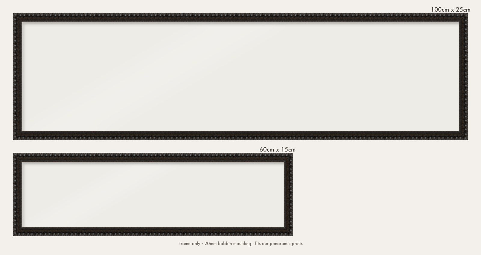 Black bobbin panoramic frame shown in both sizes, 60cm x 15cm and 100cm x 25cm