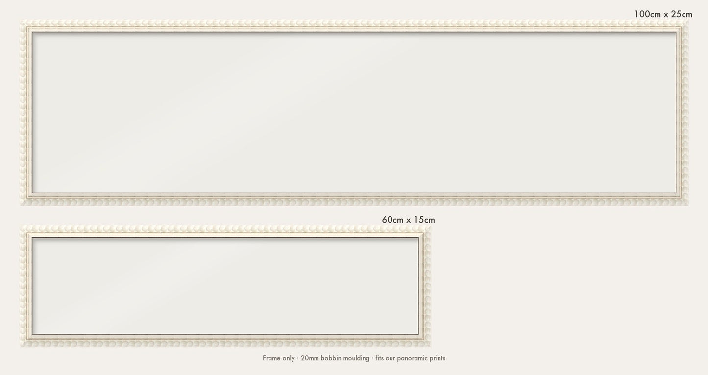 White bobbin panoramic frame shown in both sizes, 60cm x 15cm and 100cm x 25cm