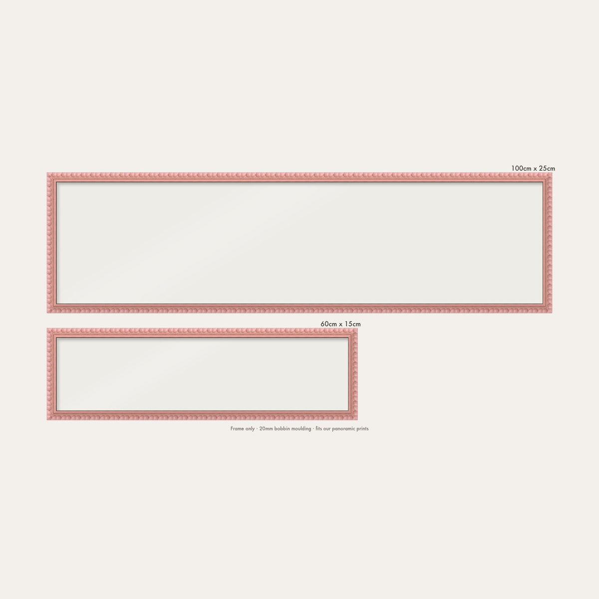 Pink bobbin panoramic frame shown in both sizes, 60cm x 15cm and 100cm x 25cm