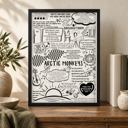 Arctic Monkeys Song Lyric Album Print — close lifestyle view, black oak frame