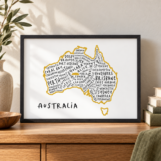 Australia Typography Map Print — close lifestyle view, black oak frame