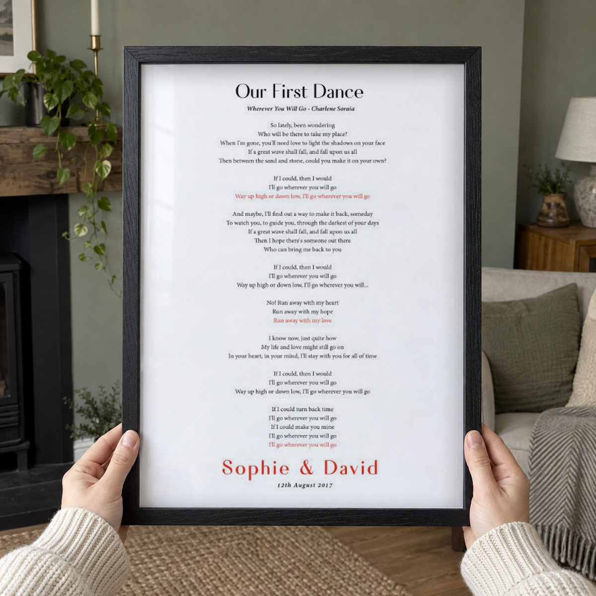 Personalised First Dance Song Wedding Lyrics Print in a room setting