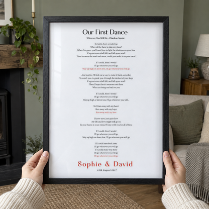 Personalised First Dance Song Wedding Lyrics Print in a room setting
