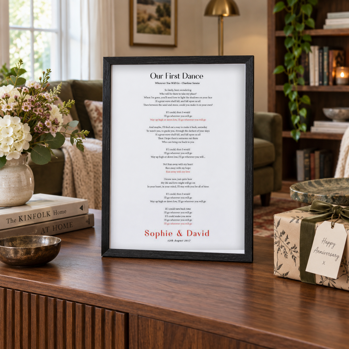 Personalised First Dance Song Wedding Lyrics Print in a room setting