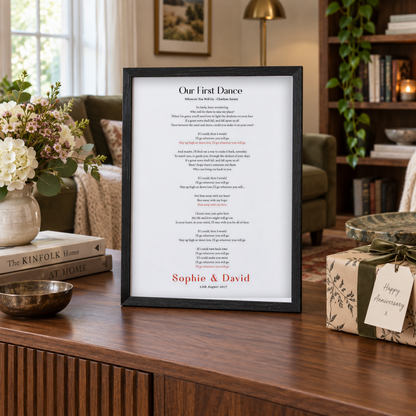 Personalised First Dance Song Wedding Lyrics Print in a room setting
