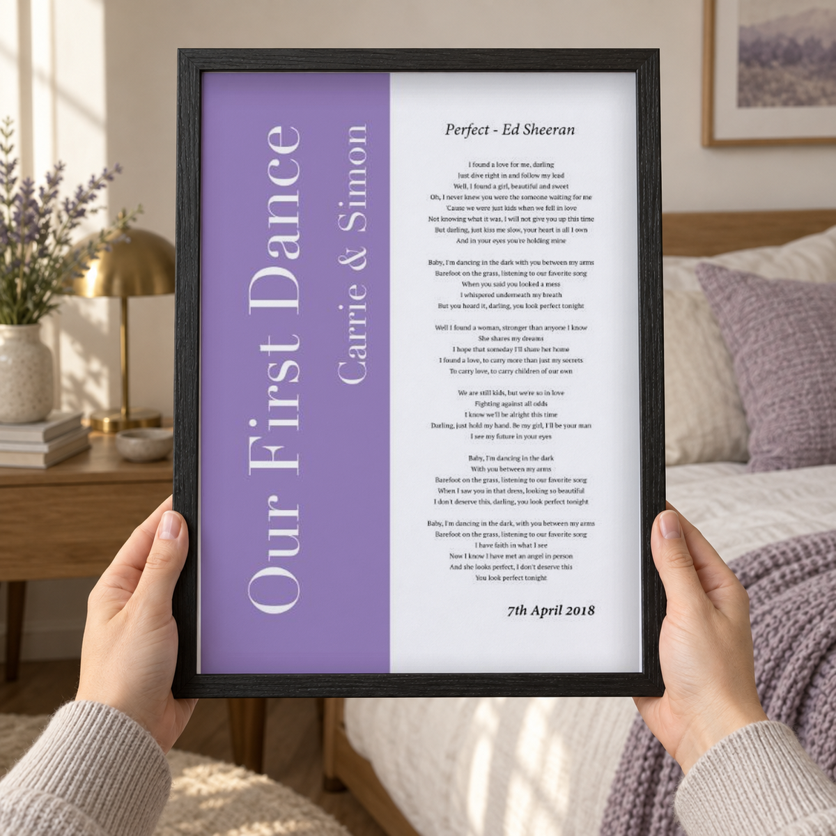 Personalised First Dance Wedding Song Lyrics Music Colour Block Print in a room setting