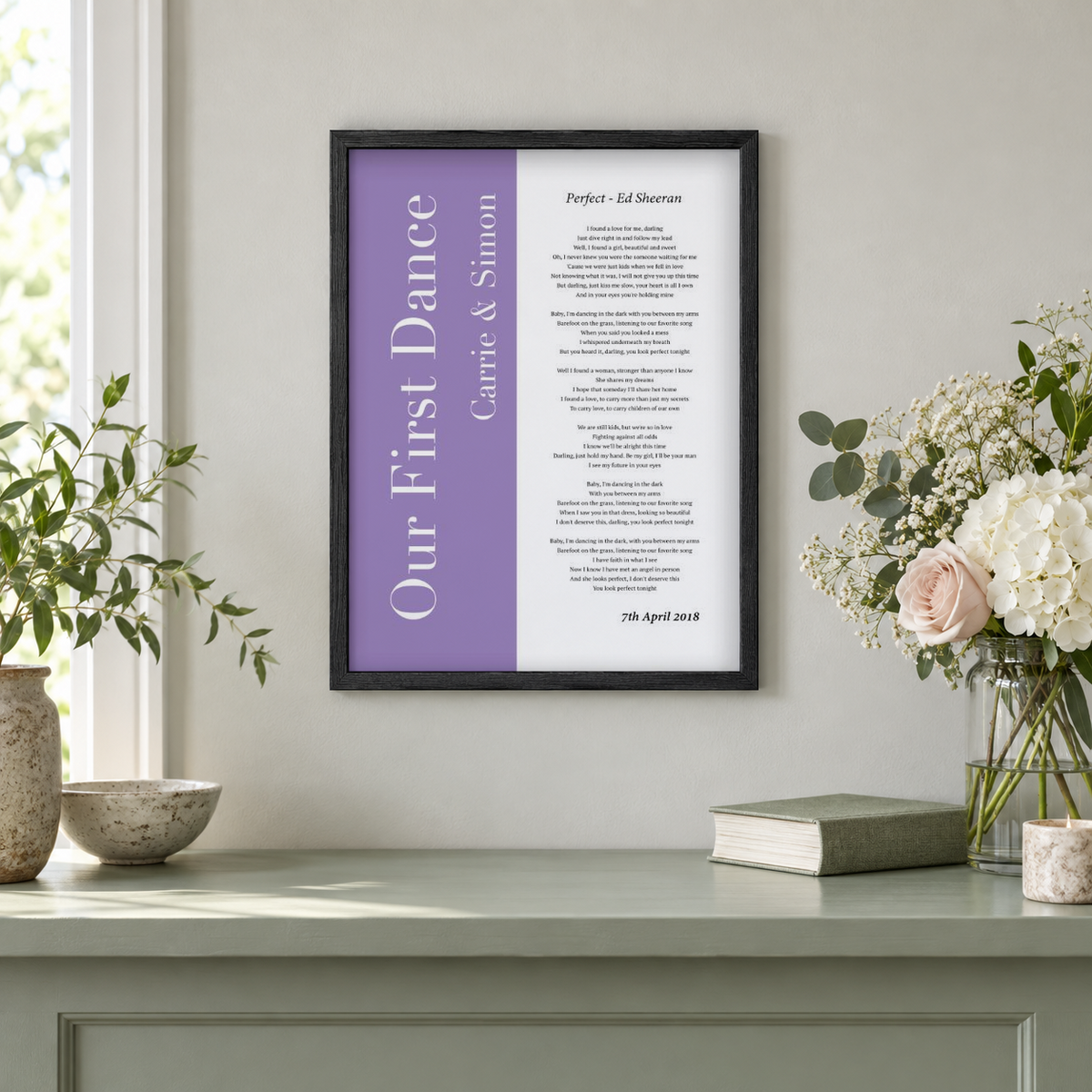 Personalised First Dance Wedding Song Lyrics Music Colour Block Print in a room setting