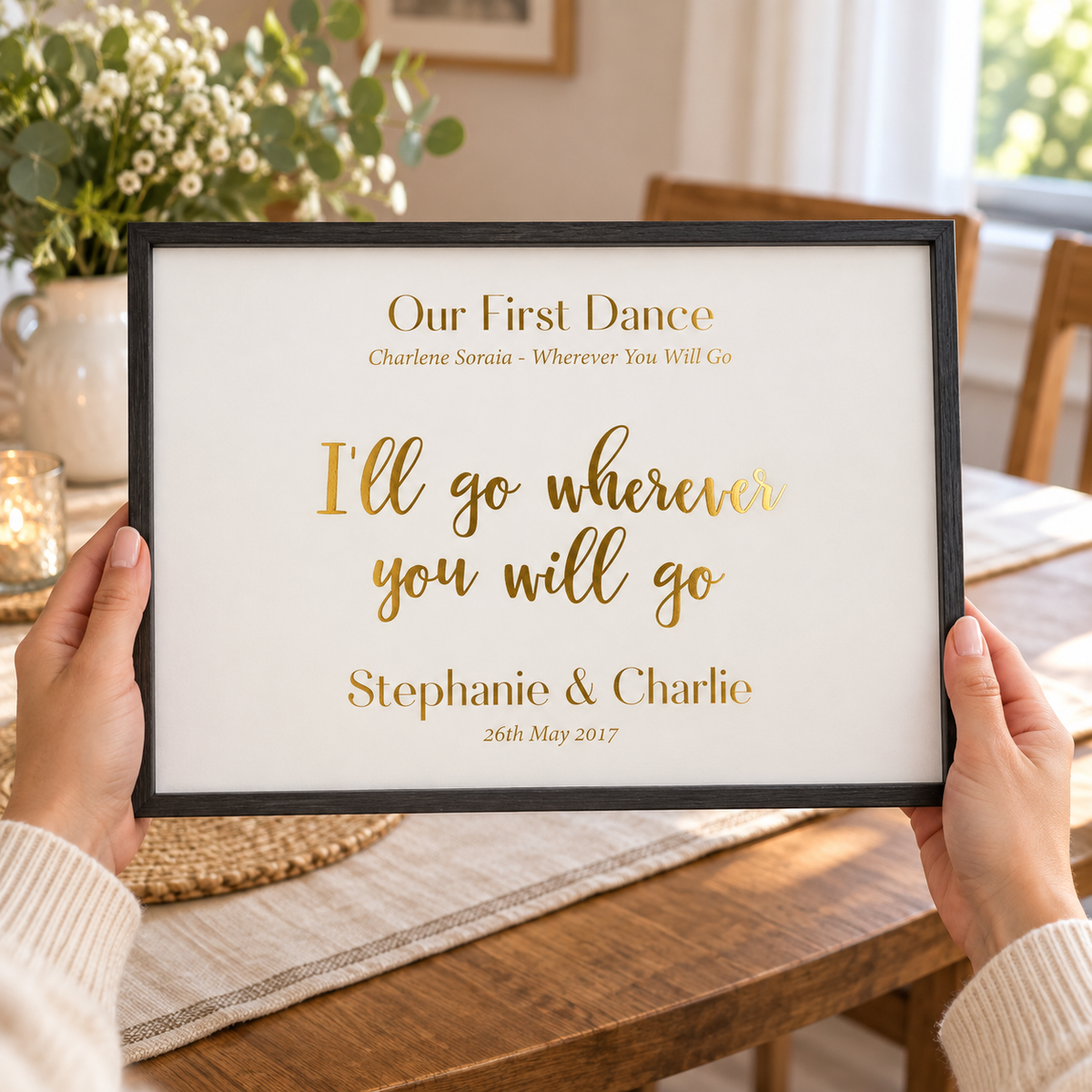 Personalised Gold Foil Wedding Song Lyric Quote Print in a room setting