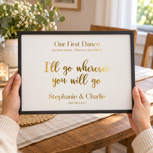 BB anniversary lifestyle 2026 | personalised-gold-foil-wedding-song-lyric-quote-print | close