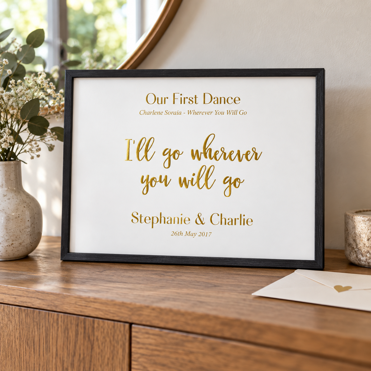 Personalised Gold Foil Wedding Song Lyric Quote Print in a room setting