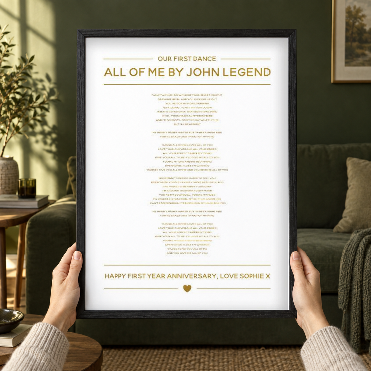 Personalised Gold Foil Wedding Song Lyrics Print in a room setting