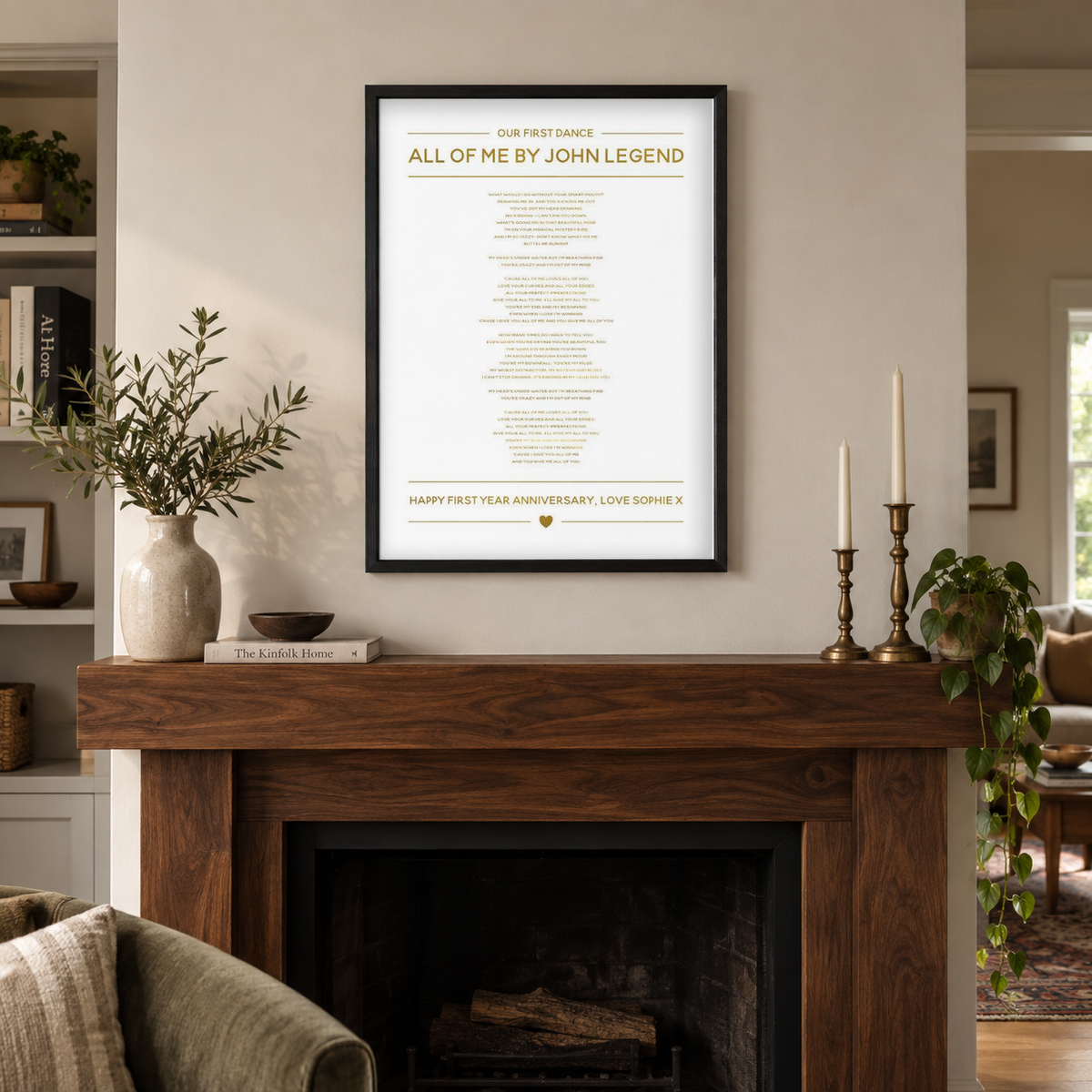Personalised Gold Foil Wedding Song Lyrics Print in a room setting