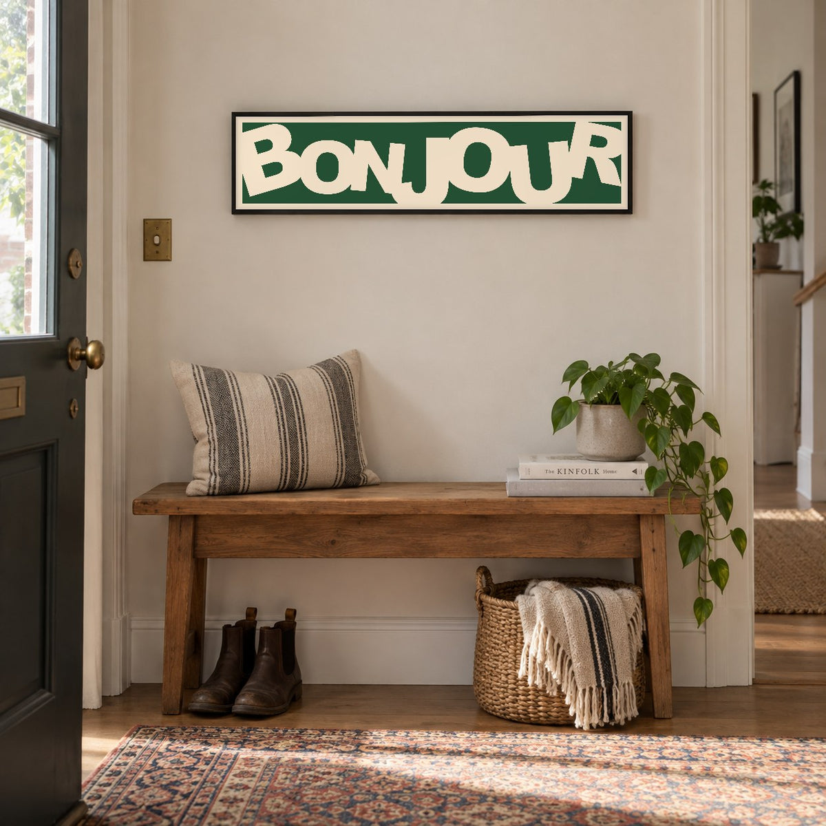Bonjour Retro panoramic print in a black frame in a room setting