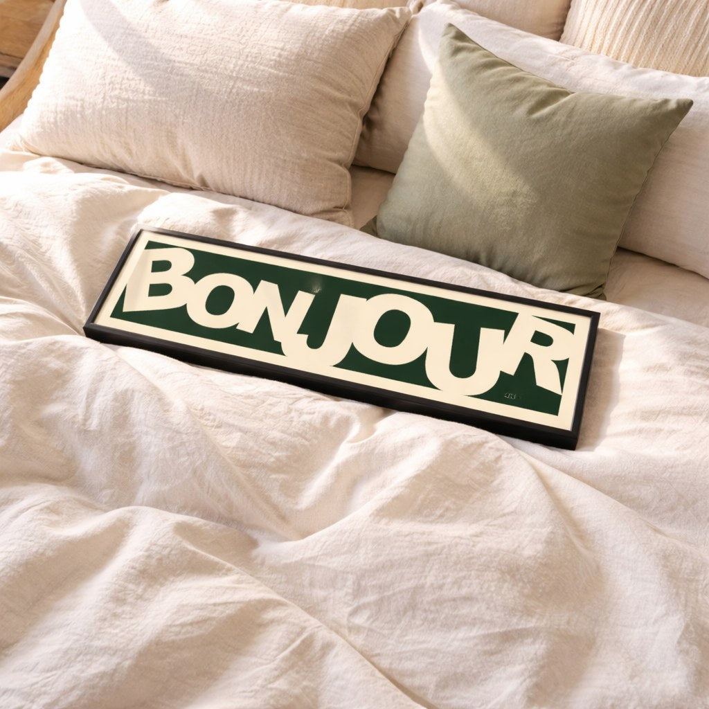 Bonjour Retro panoramic print, framed