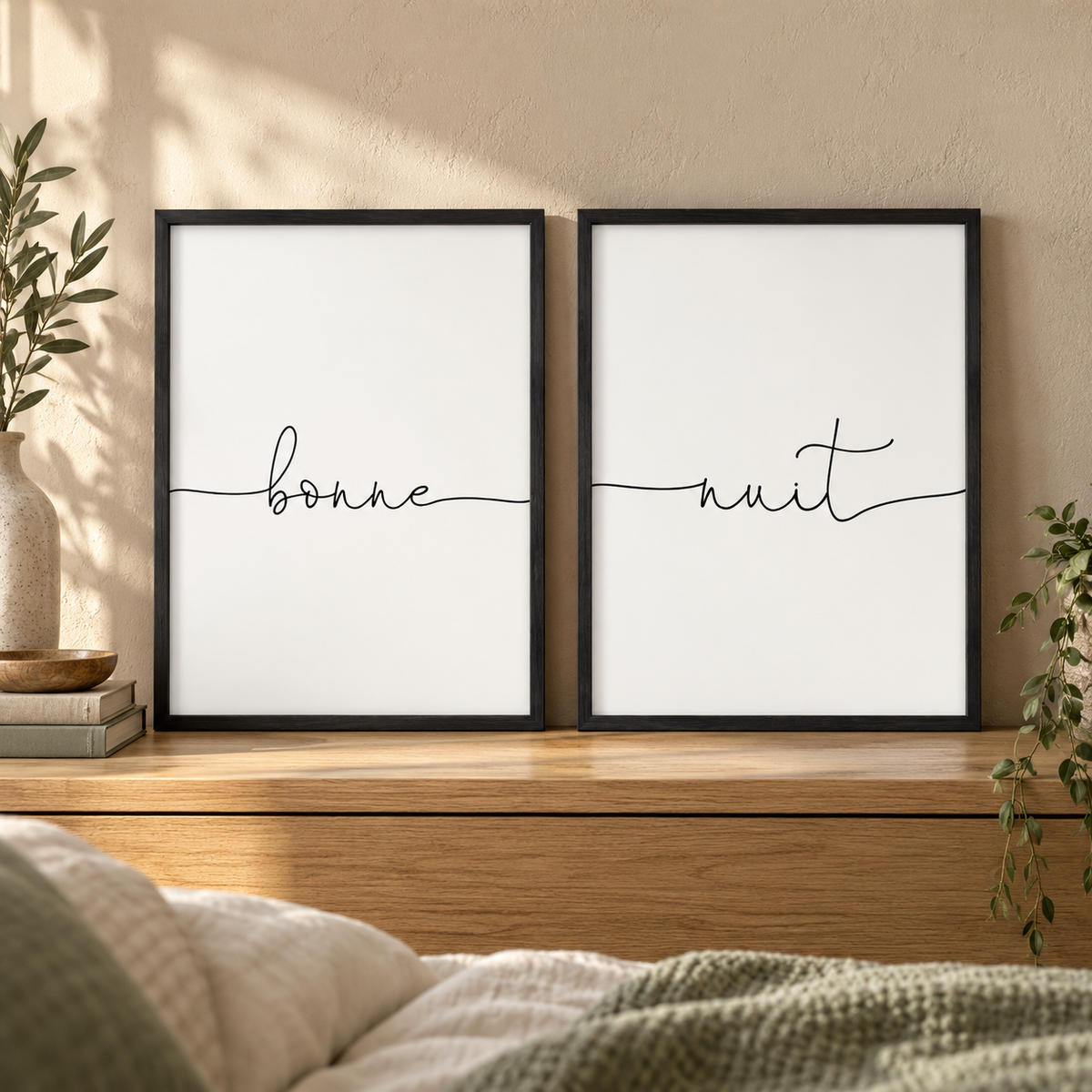 Bonne Nuit - Set Of 2 Prints — close lifestyle view, black oak frame