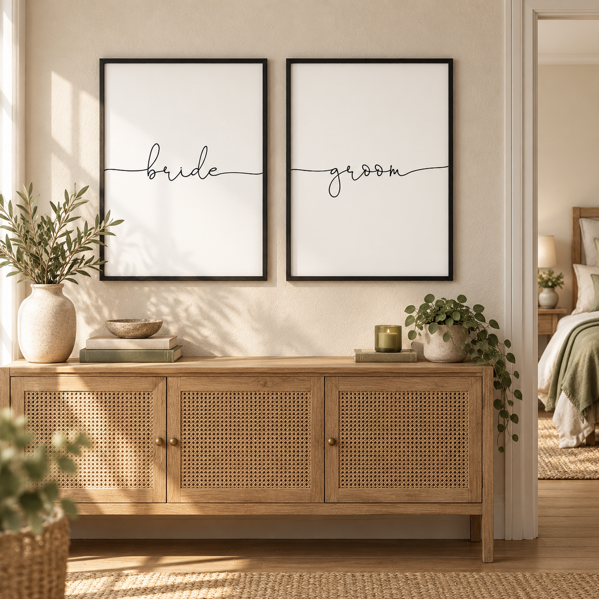 Bride Groom - Set Of 2 Prints — wider room setting, black oak frame