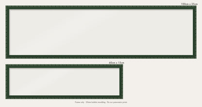 Dark Green bobbin panoramic frame shown in both sizes, 60cm x 15cm and 100cm x 25cm