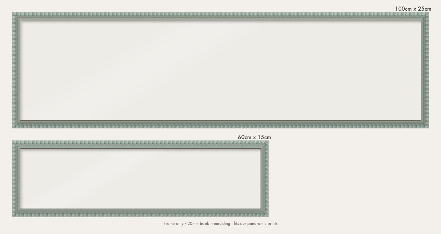 Pale Grey bobbin panoramic frame shown in both sizes, 60cm x 15cm and 100cm x 25cm