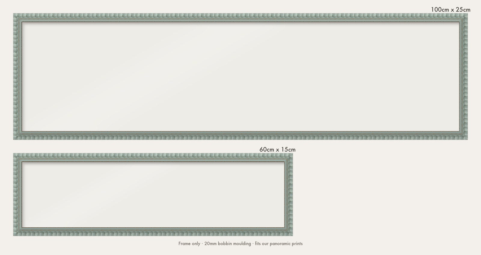 Pale Grey bobbin panoramic frame shown in both sizes, 60cm x 15cm and 100cm x 25cm