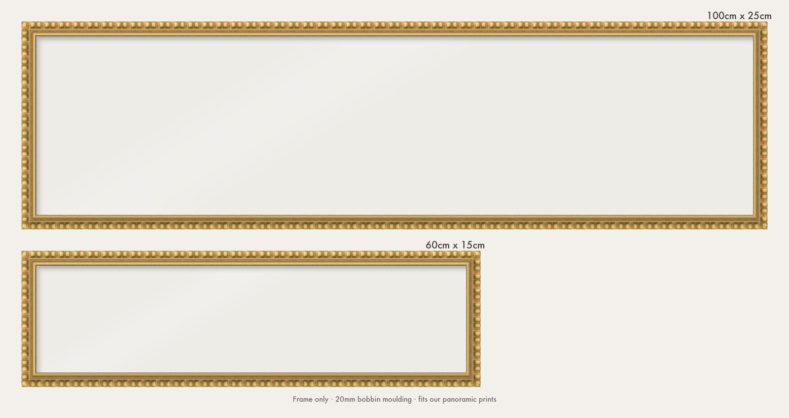 Gold bobbin panoramic frame shown in both sizes, 60cm x 15cm and 100cm x 25cm