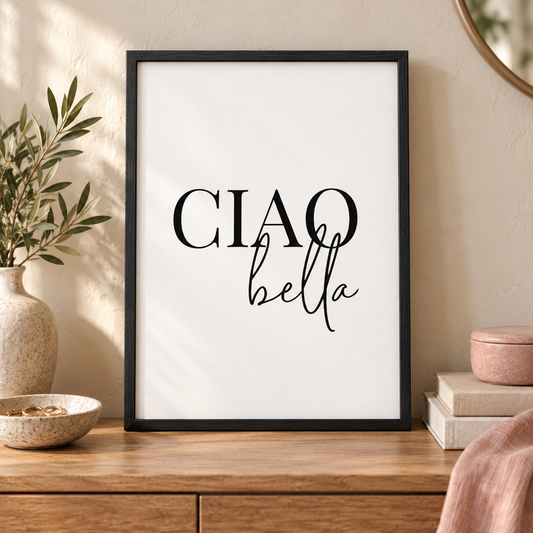 Ciao Bella Print — close lifestyle view, black oak frame