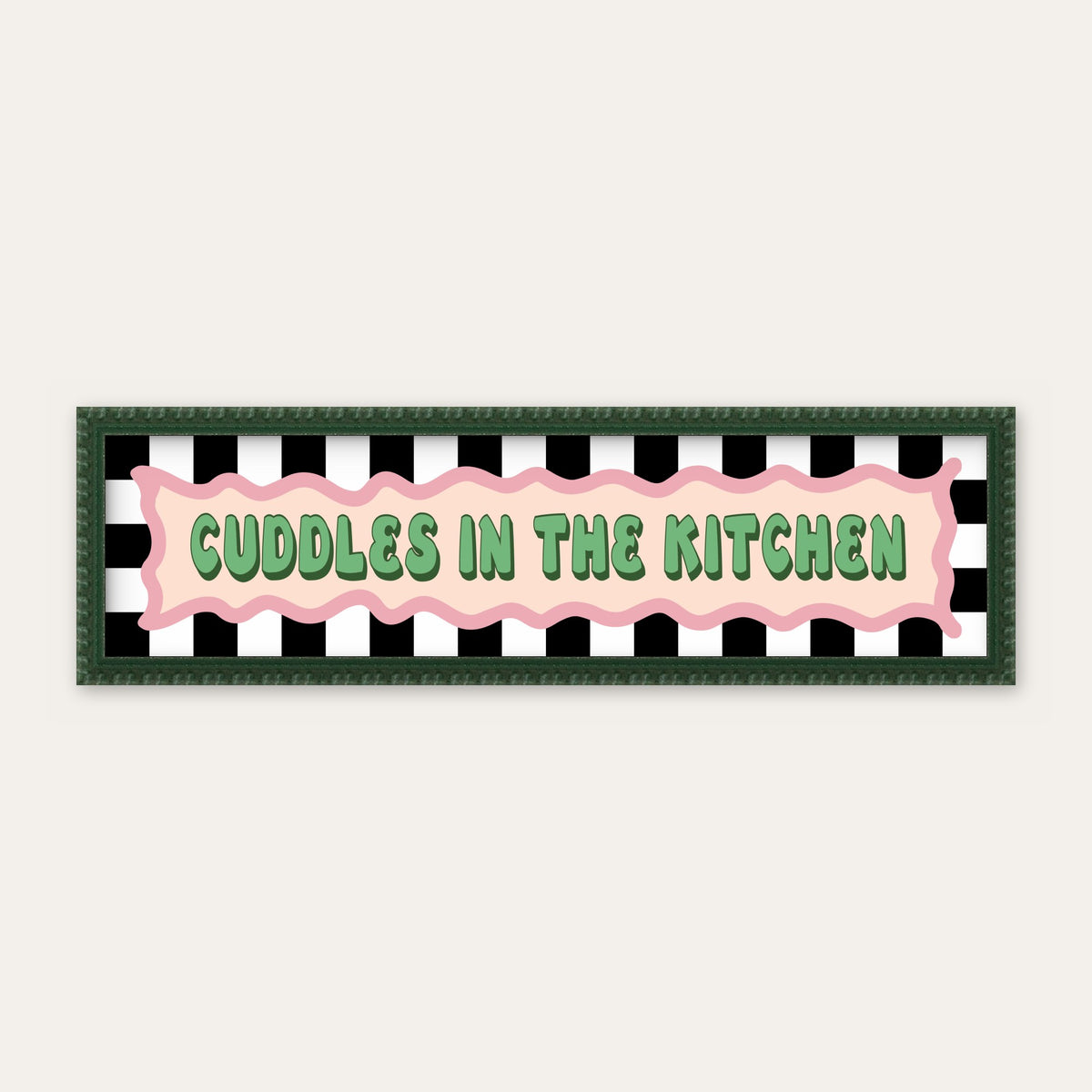 Cuddles In The Kitchen panoramic print in a forest green bobbin frame