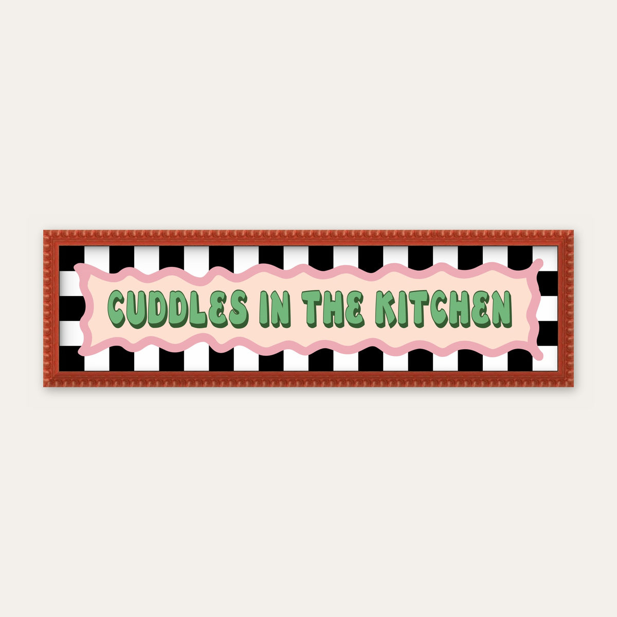 Cuddles In The Kitchen panoramic print in a red bobbin frame