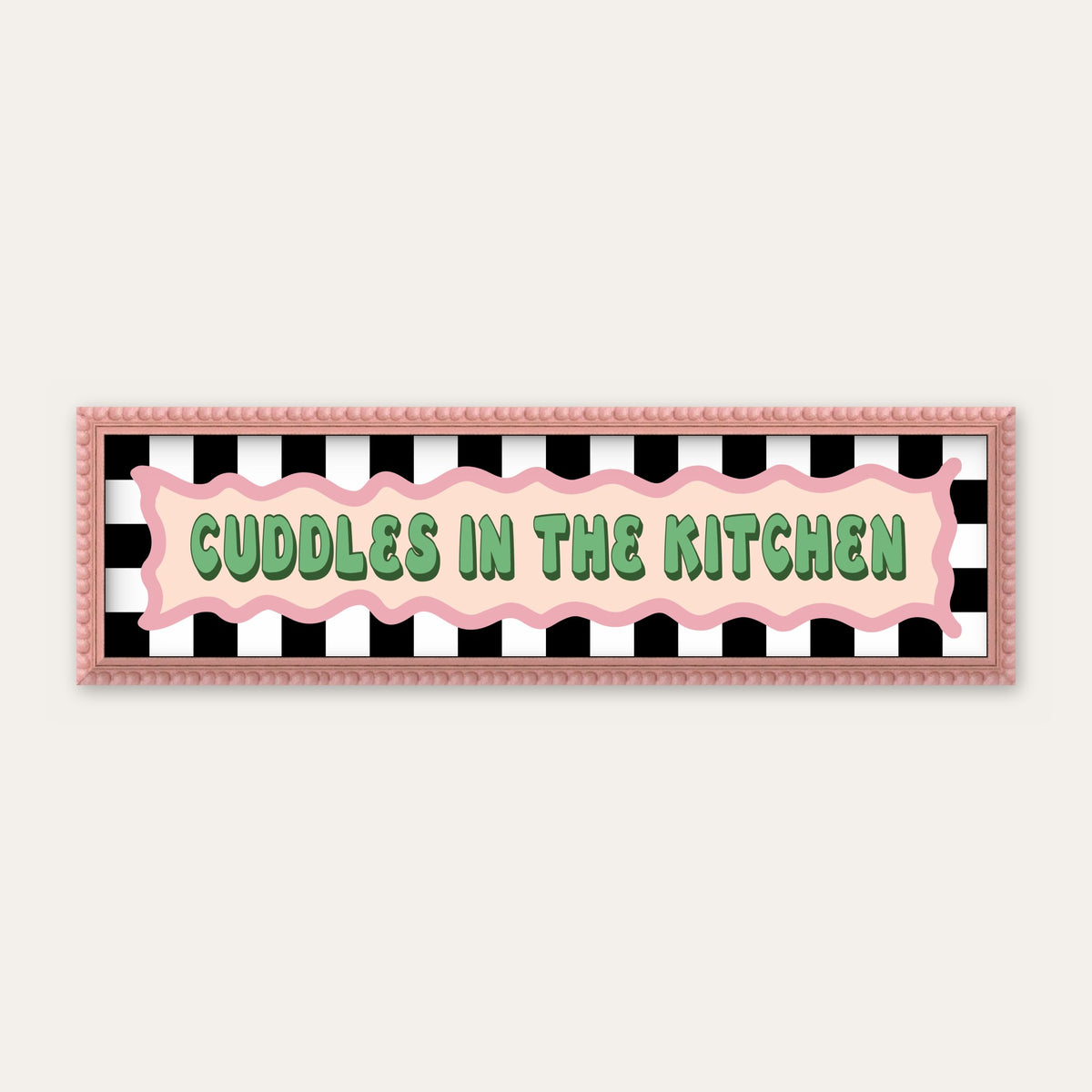 Cuddles In The Kitchen panoramic print in a pink bobbin frame