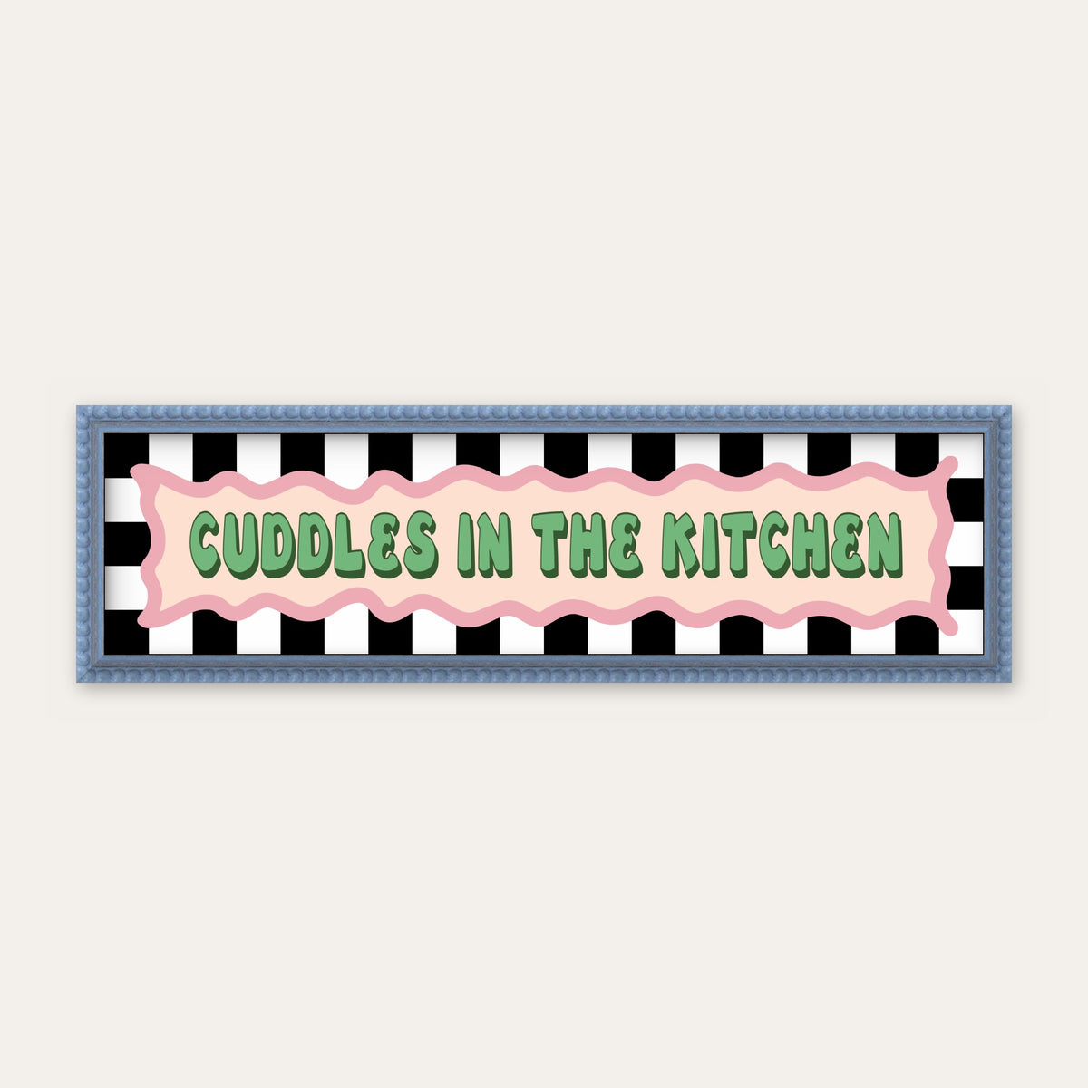 Cuddles In The Kitchen panoramic print in a blue bobbin frame