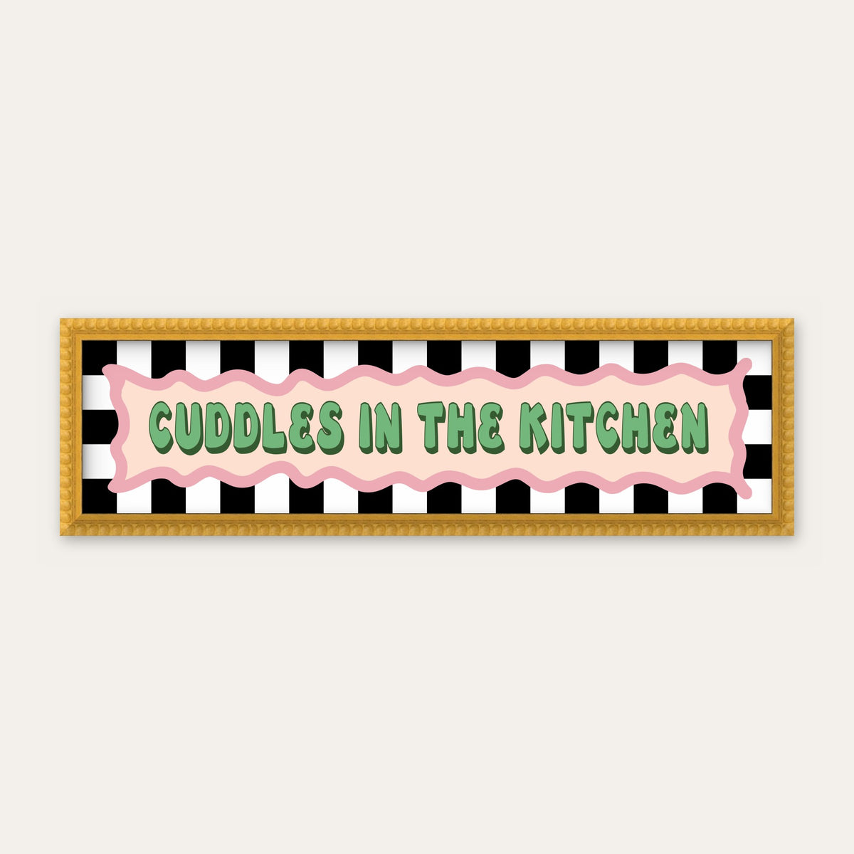 Cuddles In The Kitchen panoramic print in a yellow bobbin frame