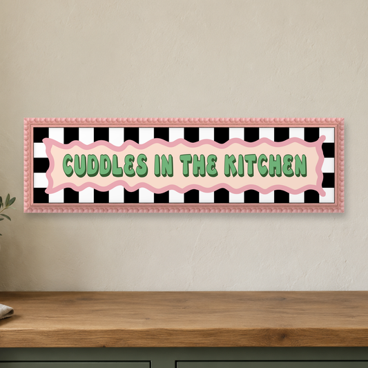 Cuddles In The Kitchen Panoramic Print - close lifestyle view, pink bobbin