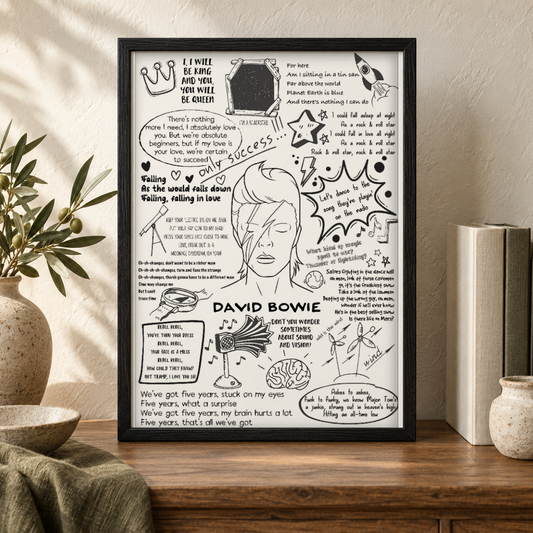 David Bowie Song Lyric Album Print — close lifestyle view, black oak frame