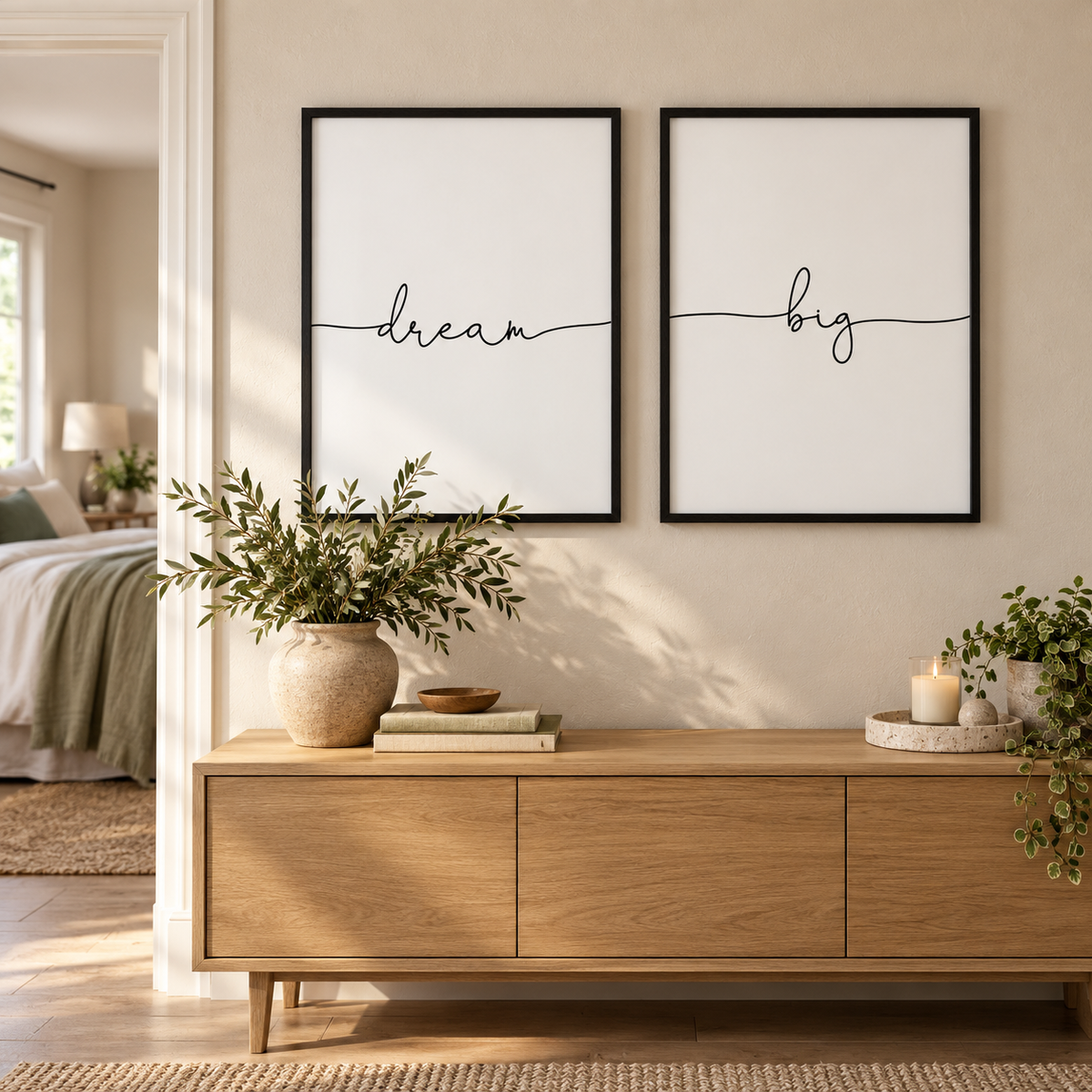Dream Big - Set Of 2 Prints — wider room setting, black oak frame