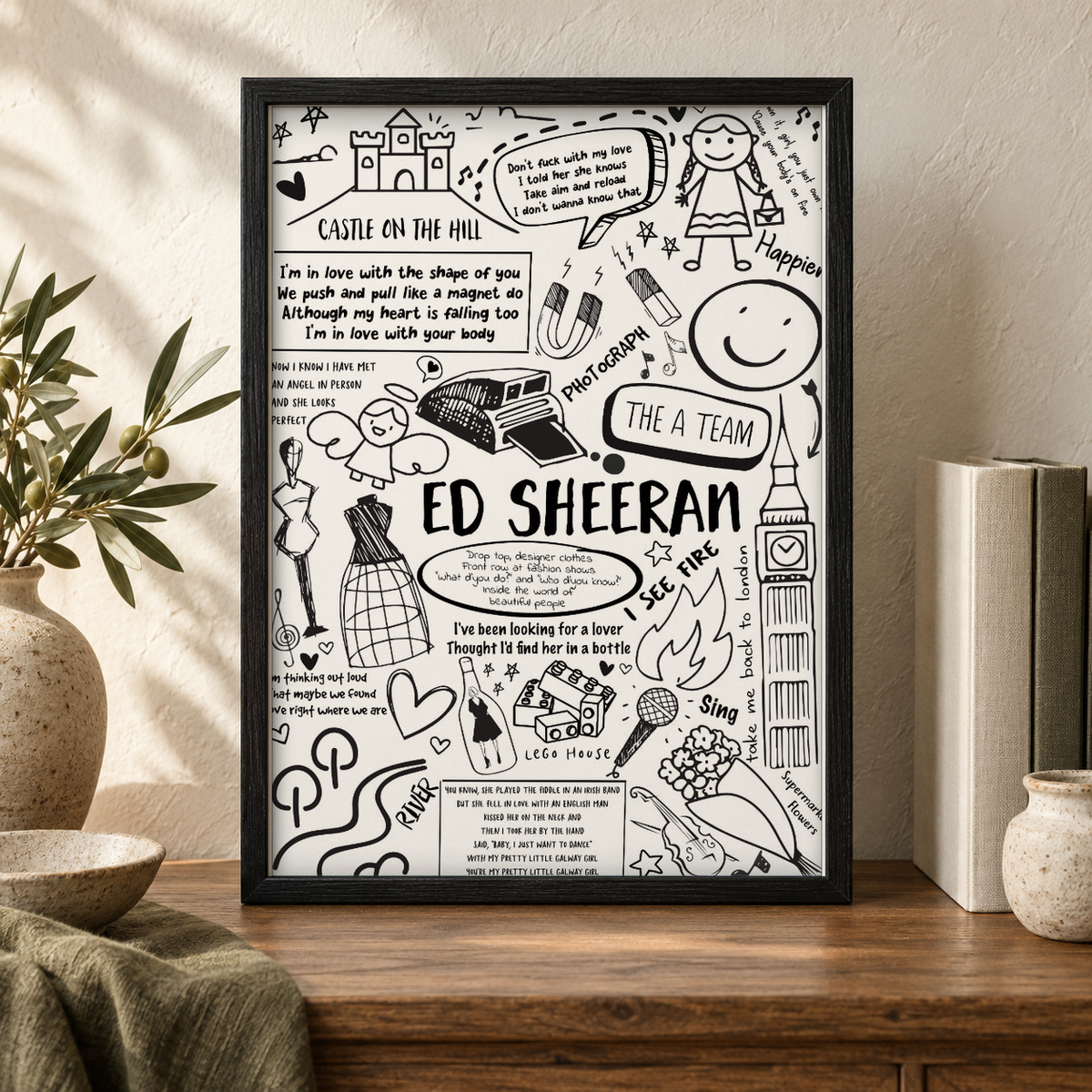 Ed Sheeran Song Lyric Album Print — close lifestyle view, black oak frame