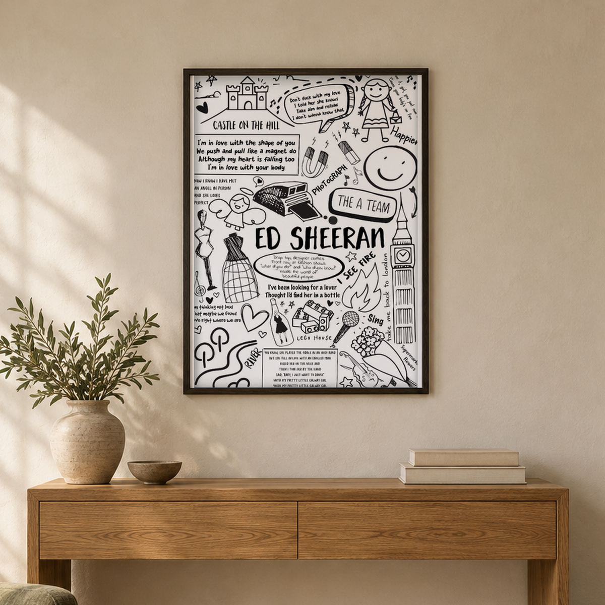 Ed Sheeran Song Lyric Album Print — wider room setting, black oak frame