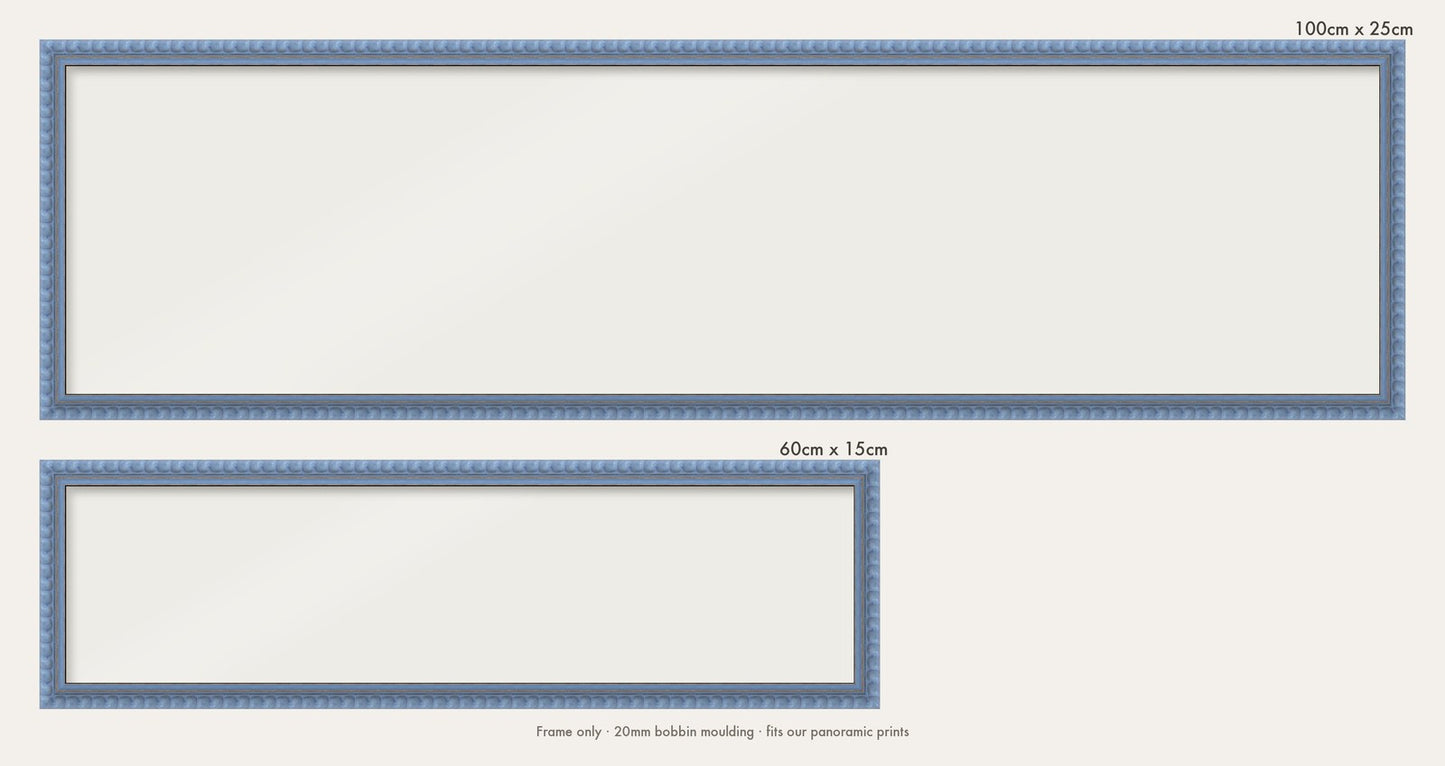 Sky Blue bobbin panoramic frame shown in both sizes, 60cm x 15cm and 100cm x 25cm