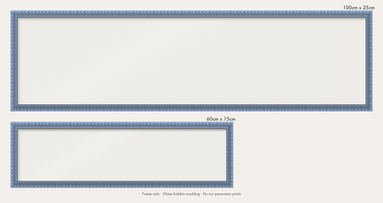 Sky Blue bobbin panoramic frame shown in both sizes, 60cm x 15cm and 100cm x 25cm