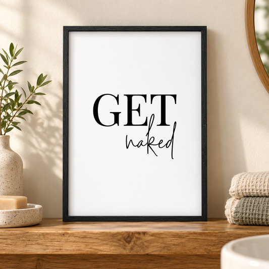 Get Naked Print — close lifestyle view, black oak frame