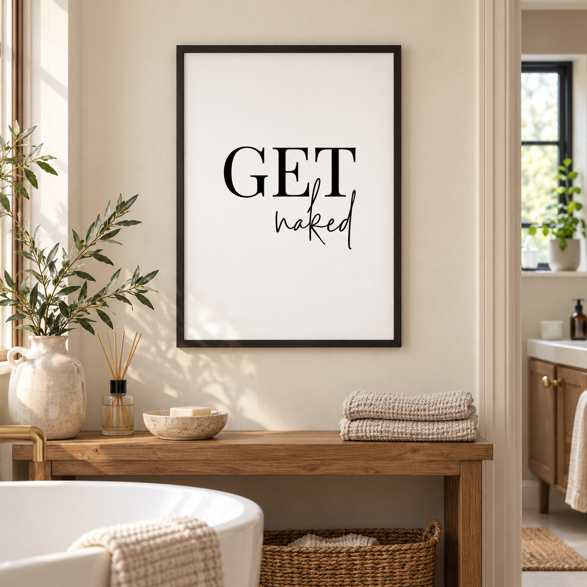 Get Naked Print — wider room setting, black oak frame